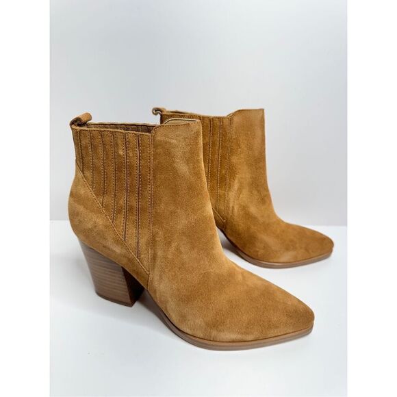 Marc Fisher Ankle Boots Womens Size 6.5 Tan Block Heel Suede Leather Booties New - Picture 2 of 10